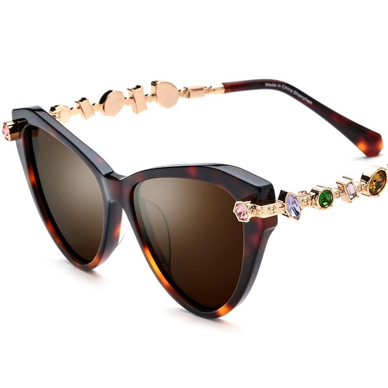 Borregls Acetate Metal Polarized Sunglasses Women Brand Designer High Quality Cat Eye Sun Glasses Diamond Gem UV400 Shades 9400T TAC&Acetate