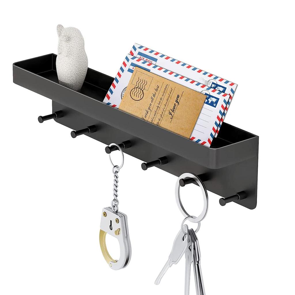 Stainless Steel Wall-Mounted Key Holder with Shelf and Mail Storage Hooks