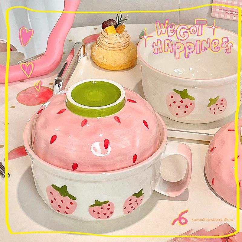 Kawaii Erdbeere Ramen Schüssel mit Deckel Keramik Niedlich Frucht Suppe Salat Instantnudeln Große Schüssel Heimküche Geschirr 700ml