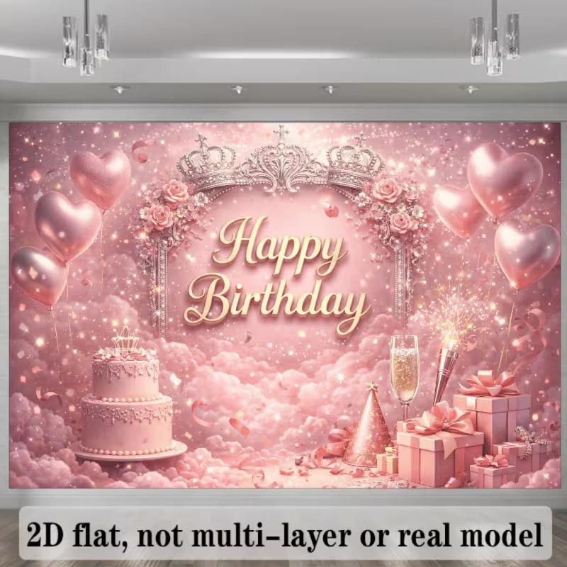 

2D Romantic Pink Gold Happy Birthday Backdrop Banner Photo Booth Background 47.2x31.5inch/120*80cm