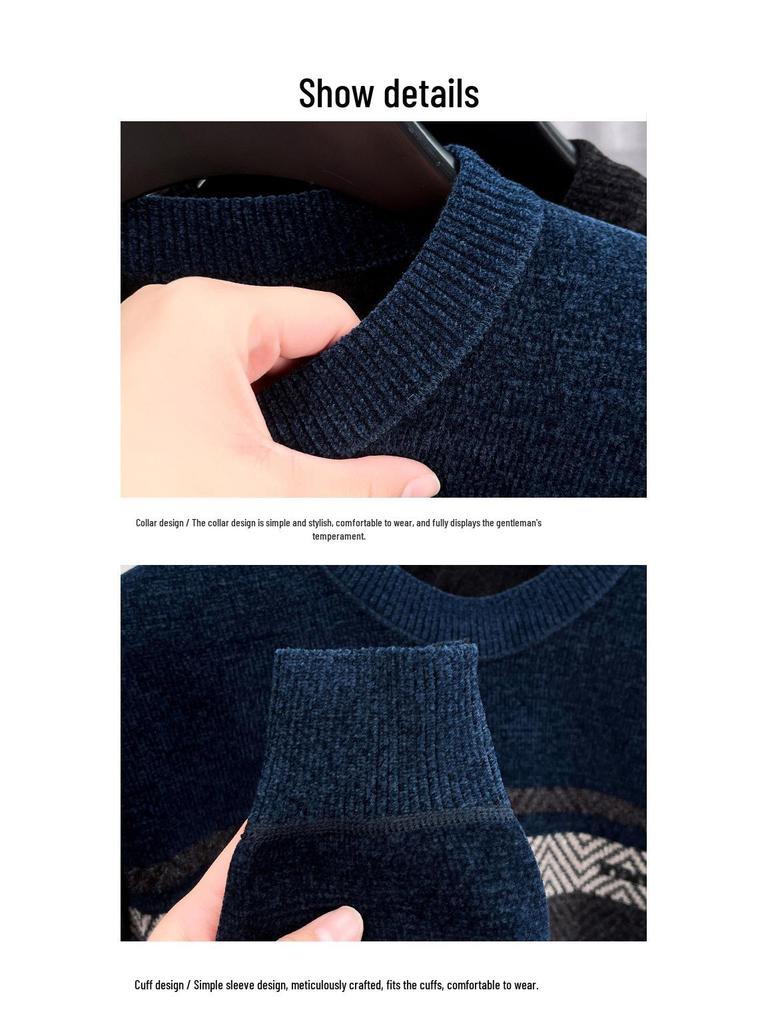 Winter Men's Plus Velvet Striped Round Neck Knit Sweater: Thick, Casual, Fashionable Trend.