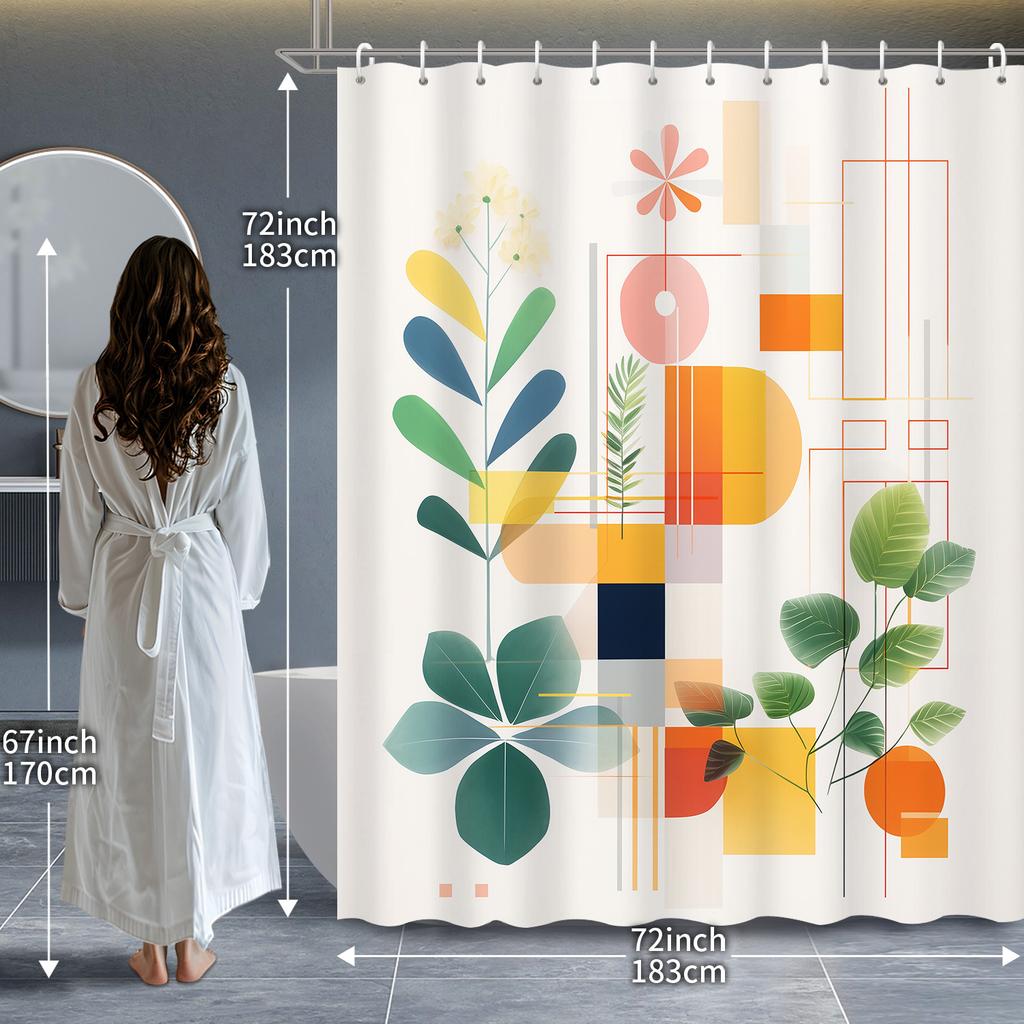Abstract Geometric Floral Leaf Shower Curtain with Hooks - Vibrant Color Blocks, Machine Washable Bathroom Decor