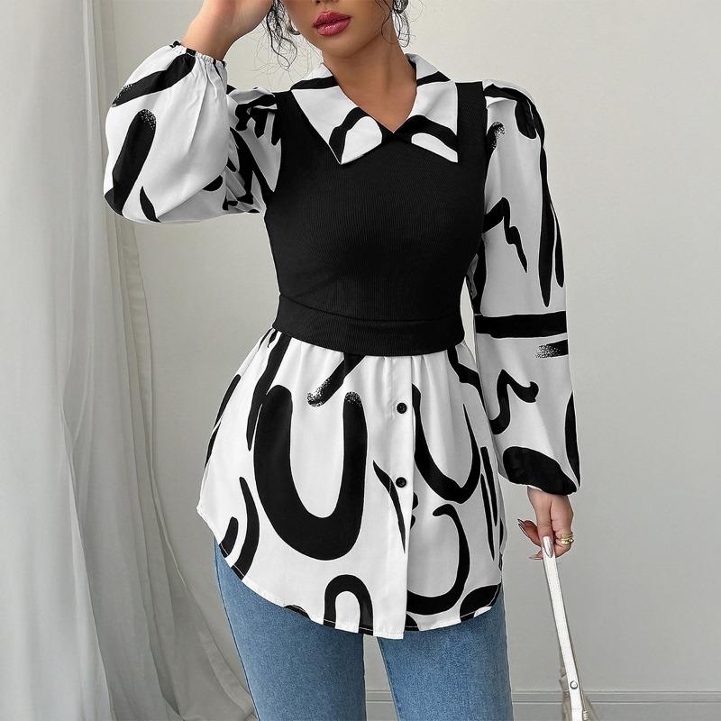 

Women s 2 In 1 Abstract Print Puff Sleeve Peplum Blouse S чёрный