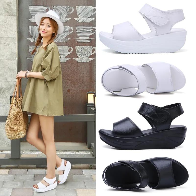 WTEMPO Women Large Size Wedge High Heels Shoes Female Solid Color Buckle Platform Leather Casual Summer Slippers
