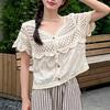 Women's French V-Neck Crochet Knit Cardigan - Chic Summer Fashion, Slimming Loose Fit, Versatile Top