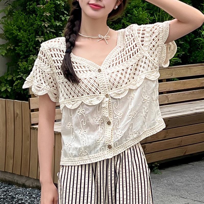 Women's French V-Neck Crochet Knit Cardigan - Chic Summer Fashion, Slimming Loose Fit, Versatile Top