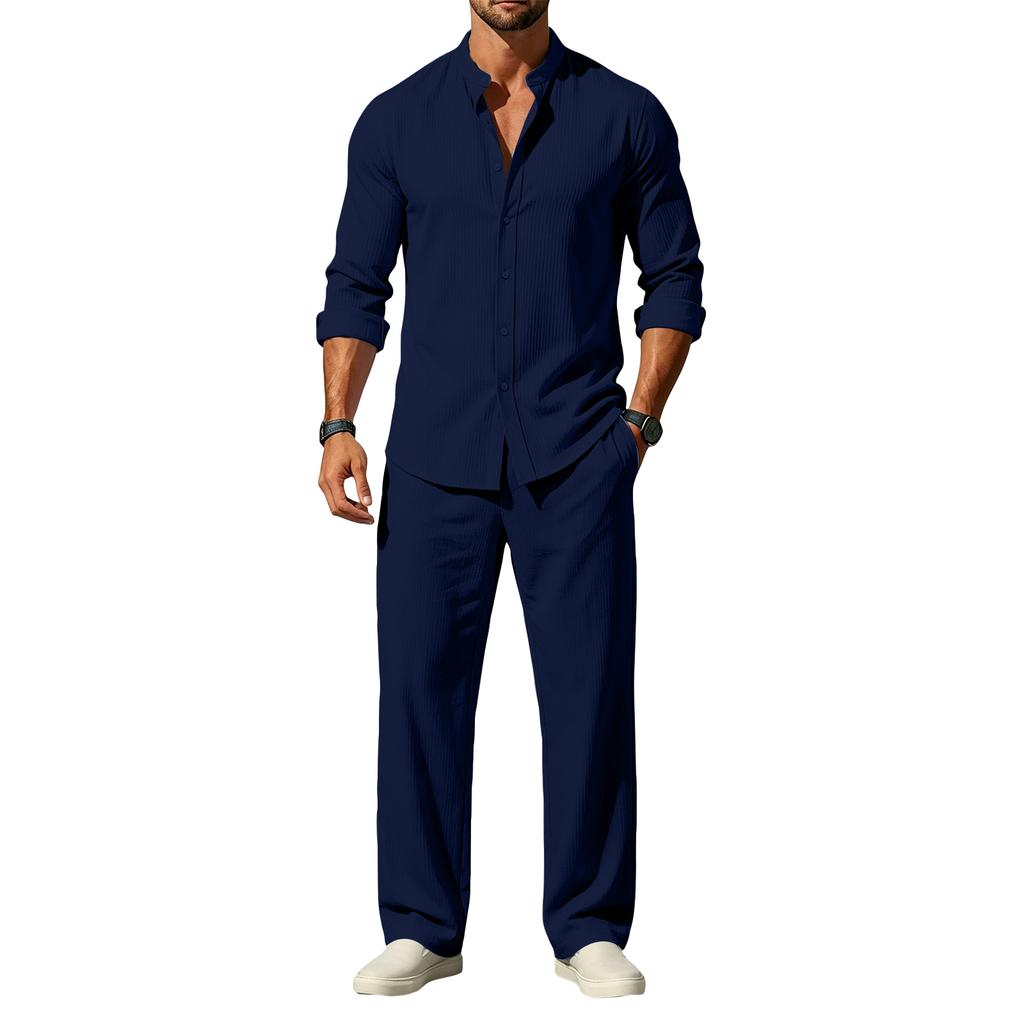 Men's Striped Texture Long Sleeve Shirt and Pants Set for Everyday Wear