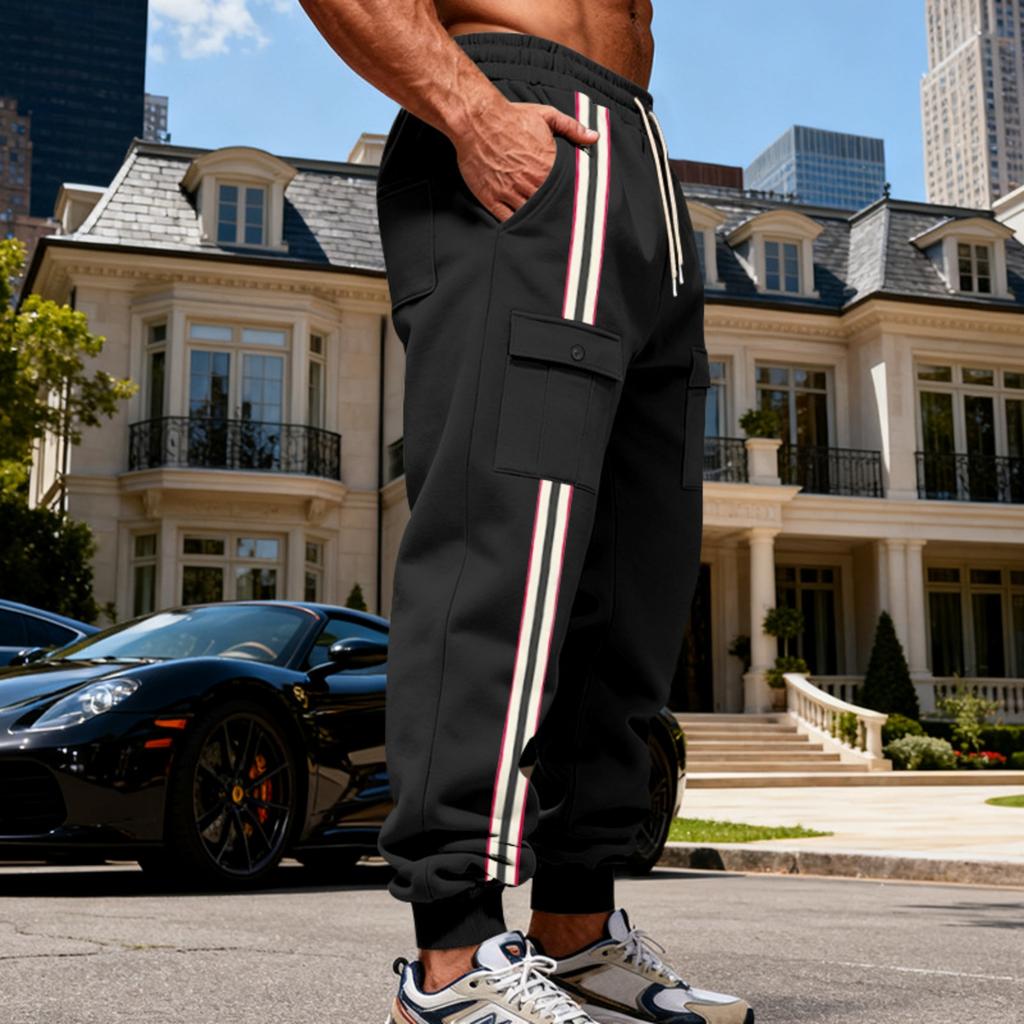 Męskie casualowe spodnie polarowe typu heavy-duty, Męskie retro spodnie cargo bez ramiączek z blokami kolorów w paski