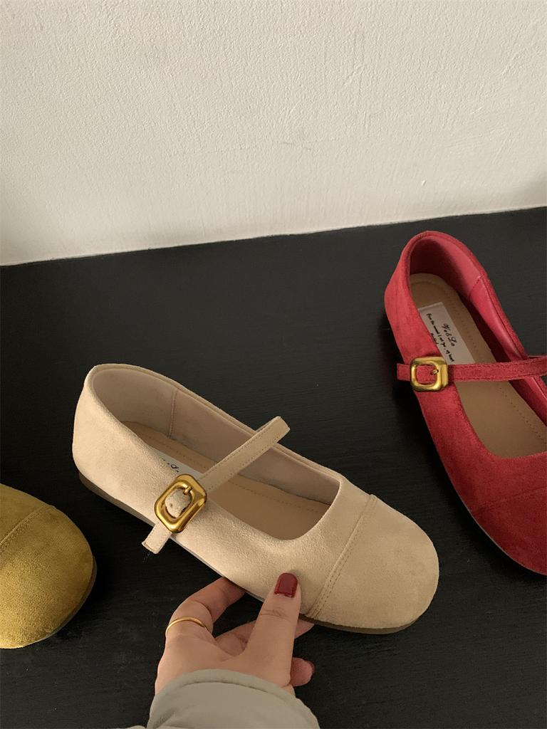 Lett munn rød single sko dame vår og høst ny fransk retro mild fe semsket Mary Jane sko flate lue sko