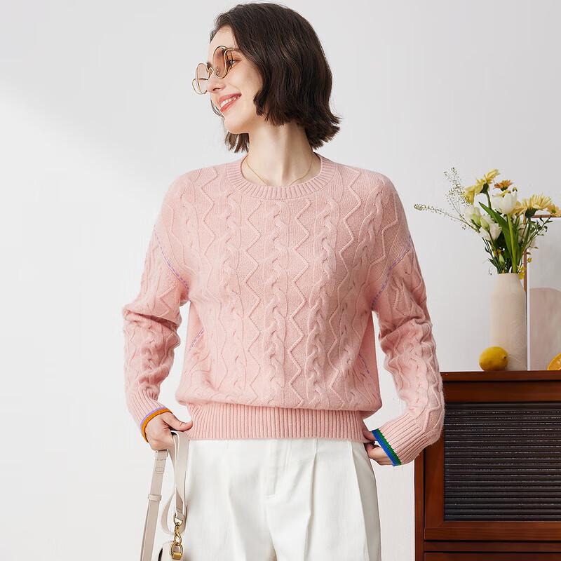 Komon Boca Women's Crew Neck Cable Knit Cashmere Sweater