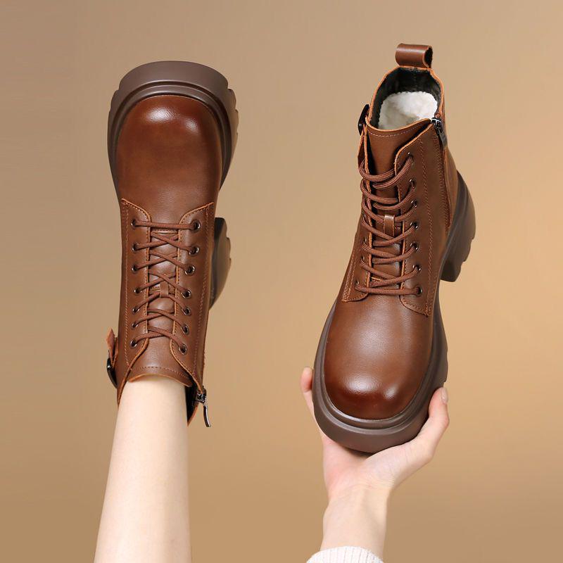 Women's Winter Leather Snow Boots, Thick Sole, Fleece-Lined, Warm Cotton Martin Ankle Boots