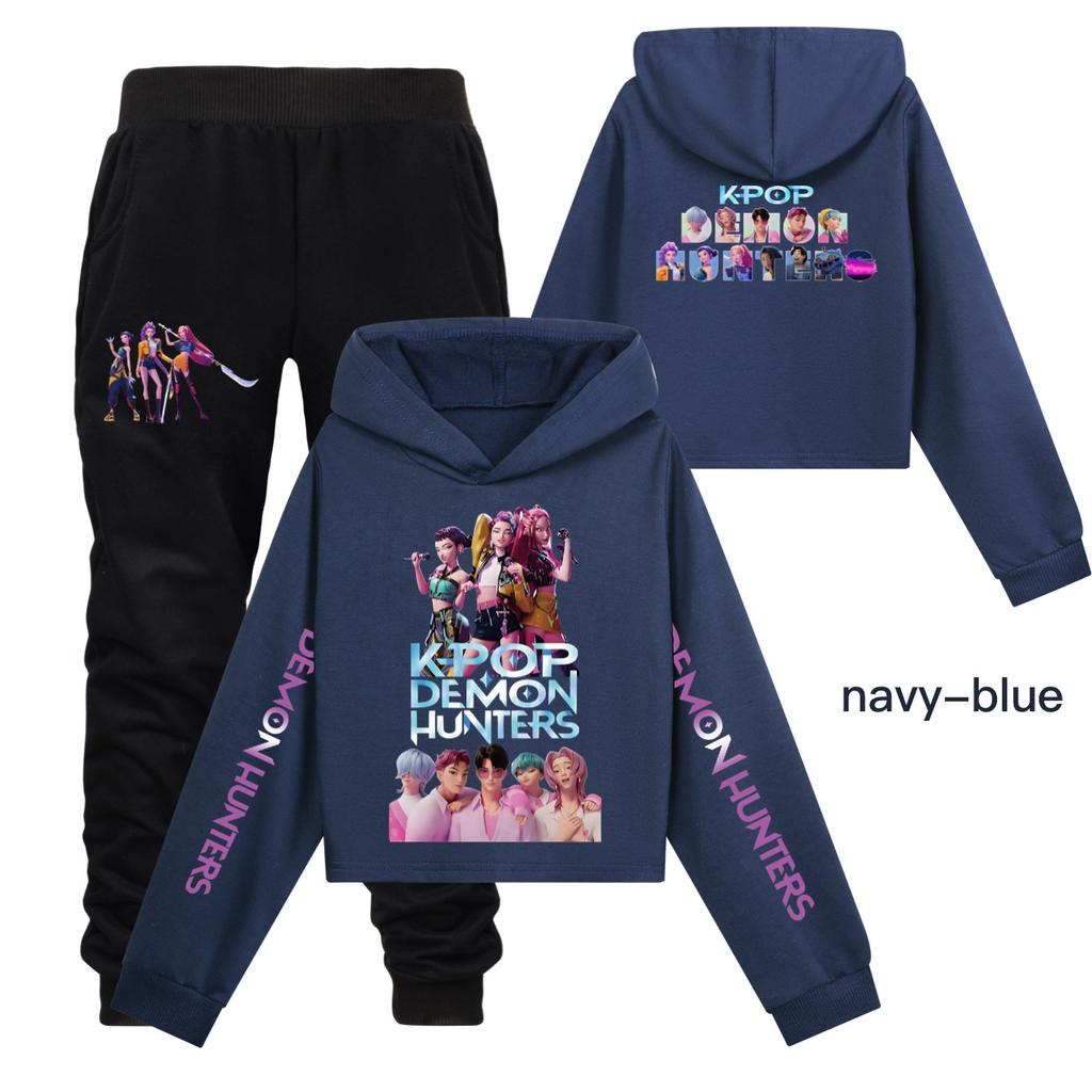 Girls Clothing Sets Kpop Witch Hunt Girls' Half Waist Short Hoodie Single and Double Sleeve Printed Casual Set
