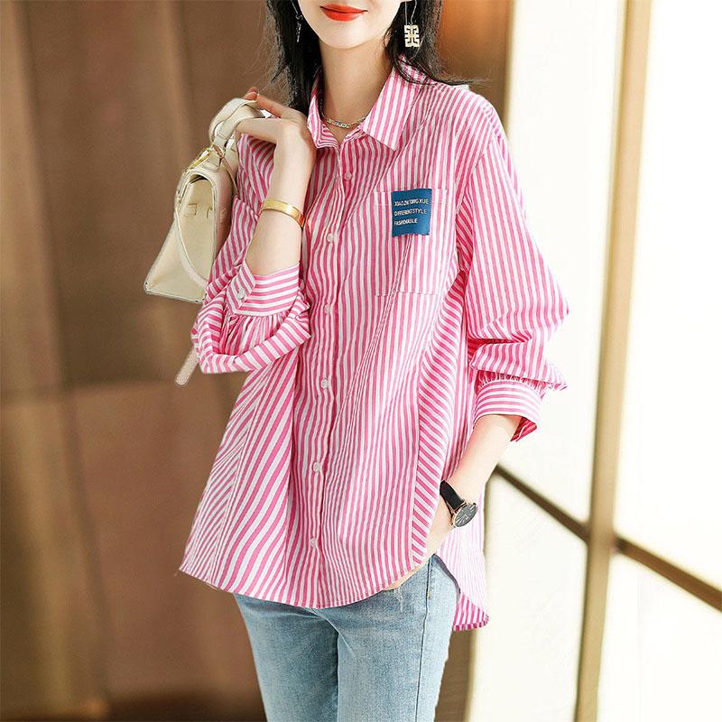Vintage Casual Striped Printed Women's Shirt Spring Autumn Ladies Turn-down Collar Loose Fashion Long Sleeve Buttos Blouses