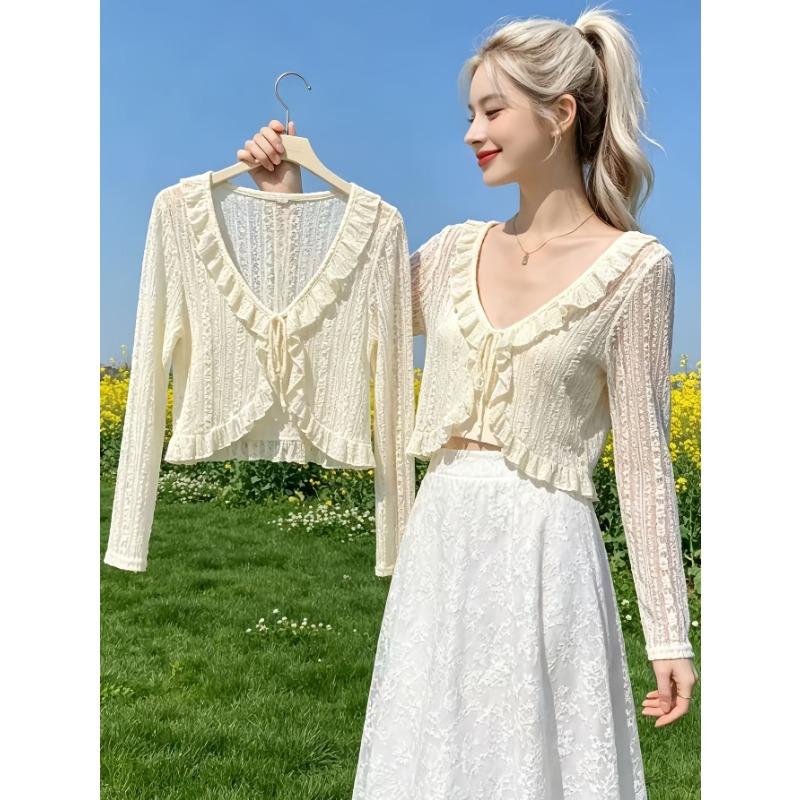 Women's Cardigan Jacket, Summer Lightweight Breathable Lace Tie Shawl, Fashionable Versatile Short Cardigan Jacket, Outerwear for Slip Dresses