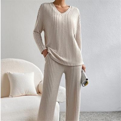 Pajamas Two Piece Suit Women's New Casual Straight Leg Pants Temperament Loose V Neck Pit Knit Suit