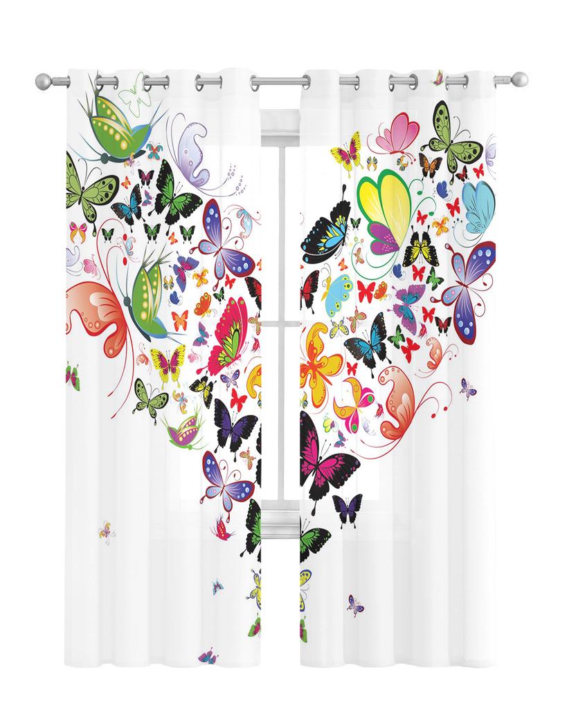 Colorful Butterfly Heart-Shaped White Chiffon Sheer Curtains for Living Room Bedroom Decoration Window Voiles Tulle Curtain