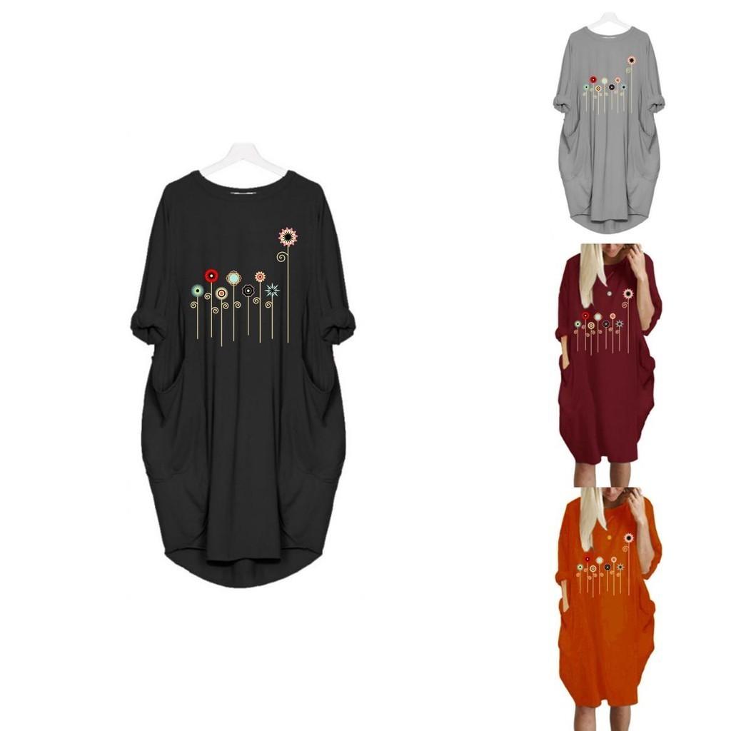 Women Dress Pullover Stylish Loose Fit Short Sleeve Casual Dress With Pocket