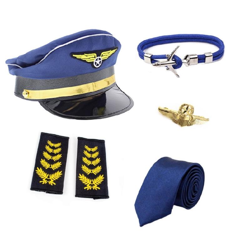 Flight Attendant Costume Captain Outfits Captain Hat Uniform Epaulets Neck Tie Gloves Stewardess Cosplay Accessories