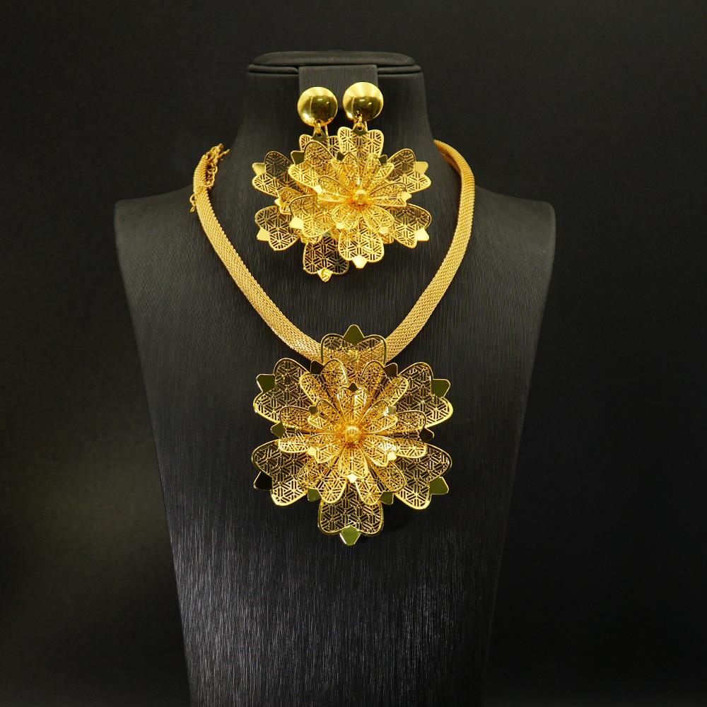 

Перебільшений позолочений квітковий комплект прикрас з намиста та сережок, аксесуари для весільної вечірки