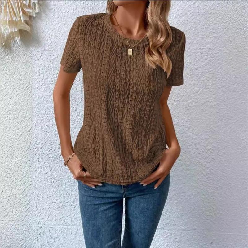 Yazlık Yeni Kısa Kollu Delikli Dantel Kadın Günlük Gömlek Düz Renk O Yaka Bol Ofis Bluz Basit Zarif Moda Tatlı Üstler Kadın Giyim