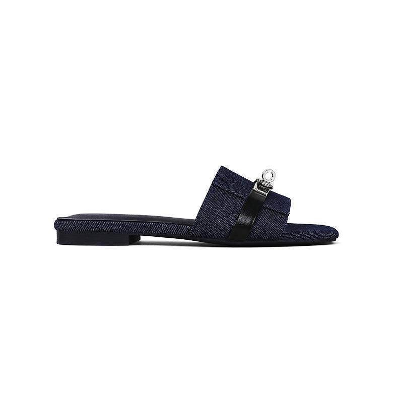 

ins style fashion trend wears comfortable and versatile shoes for summer, new denim lock buckle casual beach sandals 40 тёмно-синий