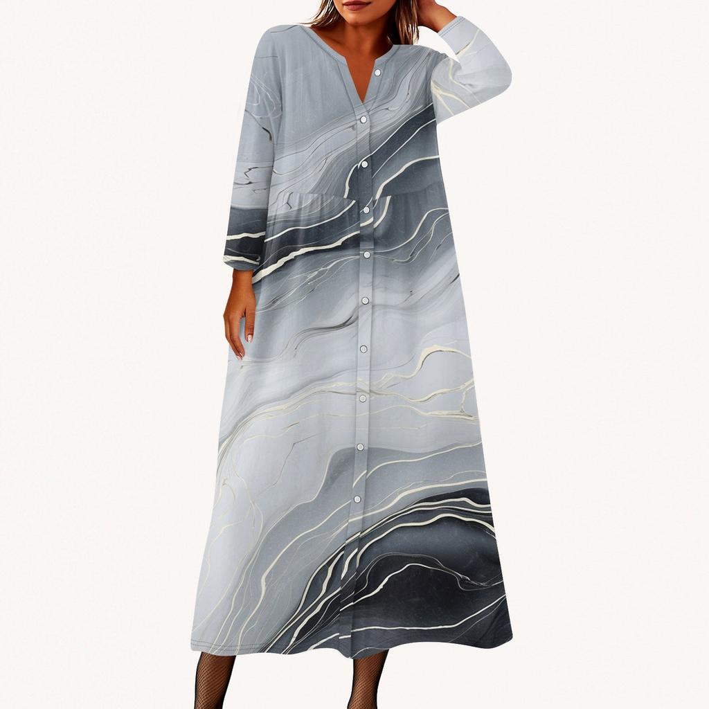 Women's Fashionable Printed Round Neck Seven Quarter Sleeve Button Loose Shirt Dress