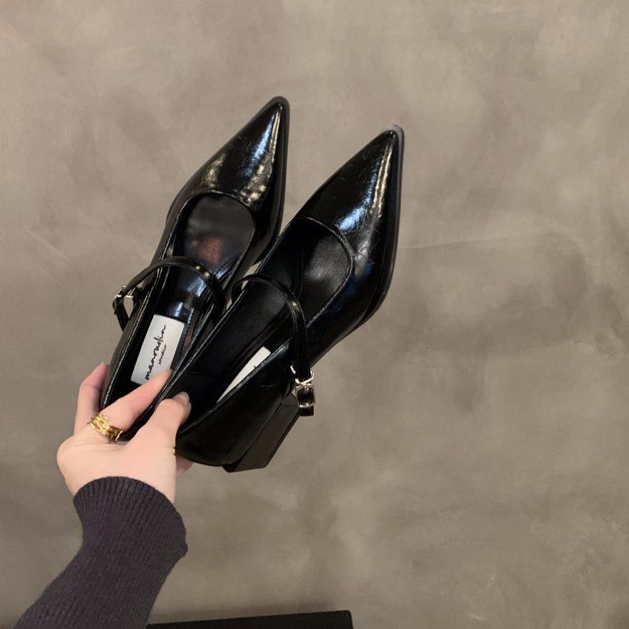 French temperament medium high heel black pointed single shoes women's shoes 2025 new spring and autumn winter Mary Jane evening shoes