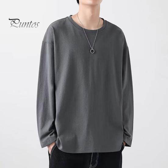 Herren T-Shirt Rundhals Langarm Einfarbig Pullover Tops Lockere Passform Weiches Atmungsaktives T-Shirt Home Gym Street Wear