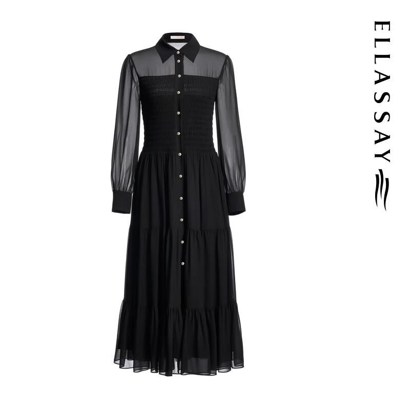 ELLASSAY 2025 Early Autumn Elegant Black Chiffon Tiered Long Sleeve Dress