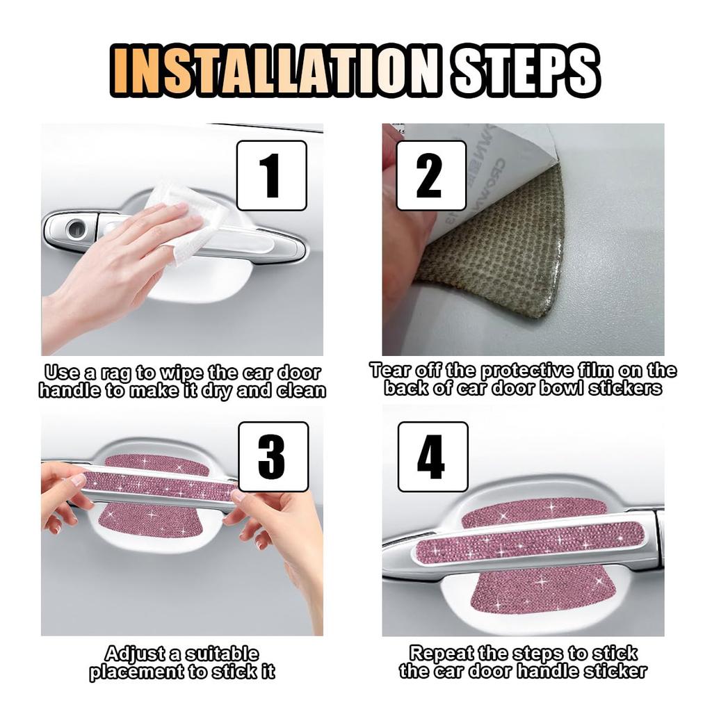 Bling Car Door Handle Protector - Scratch Resistant Sticker, Universal Protective Cover, Shiny Rhinestone Car Decoration Accessories for Women (Pink)