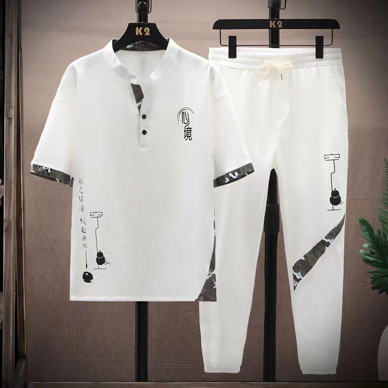 

(Shirt + Trousers)summer Short Sleeve Mens Shirt Print Pattern Men s Casual Elastic Waist Shirts Men Two-piece Suit Size XS-4XL XXXXL білий