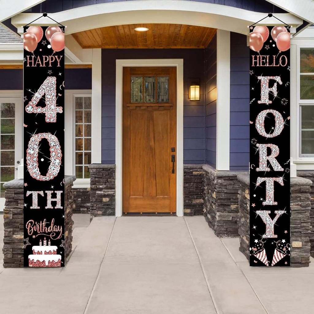 40th Birthday Door Banner Decorations for Women, Rose Gold Happy 40th Birthday Hello Forty Porch Sign Party Supplies, 40 Year Old Bday for Indoor