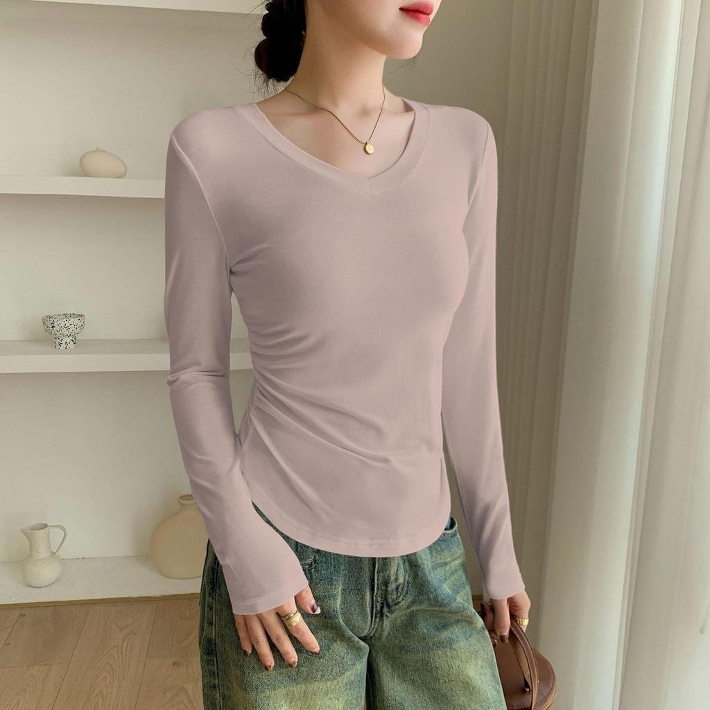 Women's Autumn/Winter V-Neck Long-Sleeve Modal Shirt - Slim Fit, Arc Hem