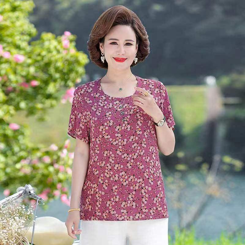 Dámské krátkorukávové s velkým potiskem Ledové hedvábí Krátkorukávové Volné Velké Velikosti Top Trhané Květiny Sto Triček