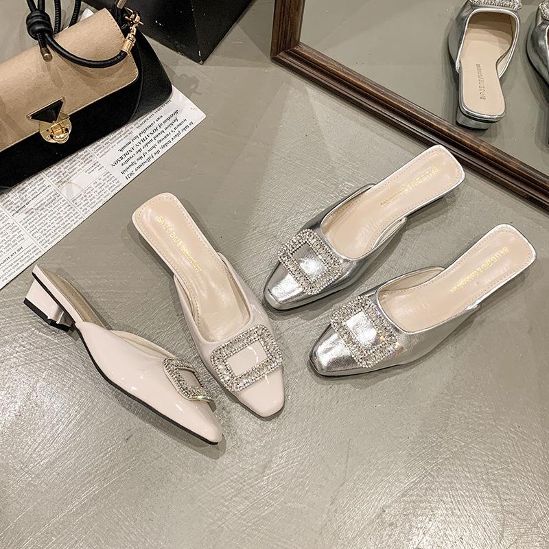 2025 New Simple Pointed Temperament Rhinestone Buckle Single Shoes Women's Outer Wear Bag Head Half Slippers Fashion Casual Muller Shoes
