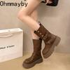 Winter Fashion Platform Women Knight Boots Designer Belt Buckle Thick Bottom Shoes Elegant Mid Calf Booties
