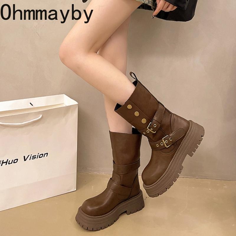 Winter Fashion Platform Women Knight Boots Designer Belt Buckle Thick Bottom Shoes Elegant Mid Calf Booties