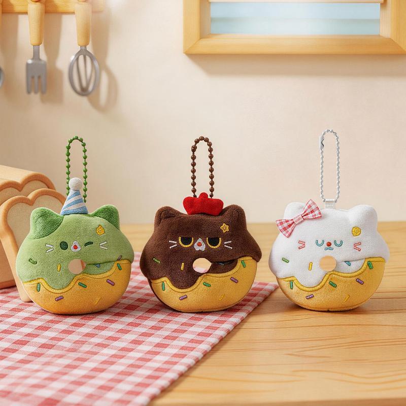 Little Cat Donut Cat Plush Keychain Soft Plush Furry Design Cute Cat Keychain Cartoon Design Dopamine Style Bag Pendant