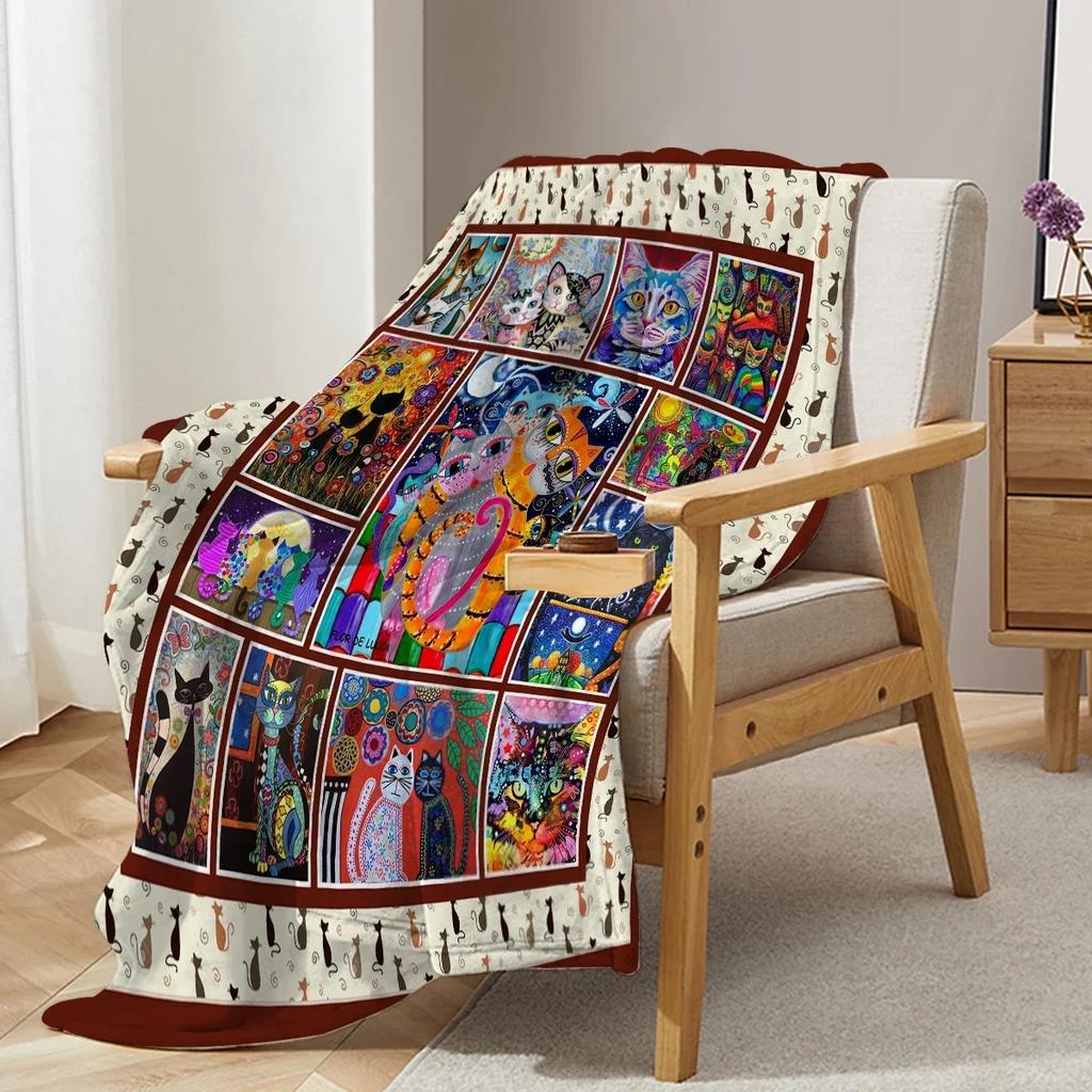Colorful Cat Blanket Printed Throw Blanket Plush Fluffy Flannel Fleece Blanket Soft Throws for Sofa Couch and Bed