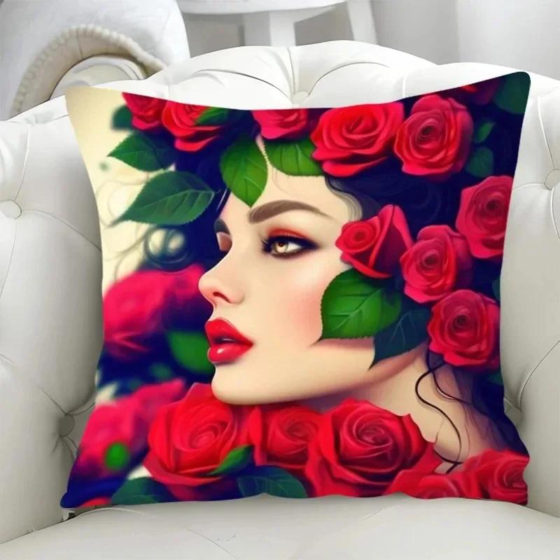 Luxury Home Decor Pillowcase Living Room Sofa Cushion Cover Rose Character Illustration Style Pattern Cushion Cover