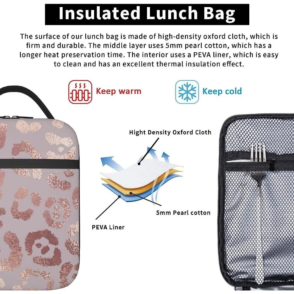 Różowe Złoto Leopard Lunch Box Wielorazowa Izolowana Torba na Lunch Termiczna Torba Chłodząca Tote dla Chłopców Dziewcząt Kobiet Szkoła Piknik Podróże Wędrówki