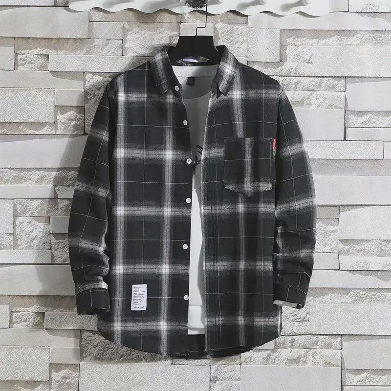 Plaid Men's Long-Sleeve Shirt - Trendy Korean Hong Kong Style