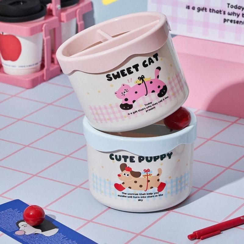 Cute Makeup Brush Storage Box, Large Capacity Divided Organizer, Desktop Cartoon Cosmetic Eyebrow Pencil Storage Box