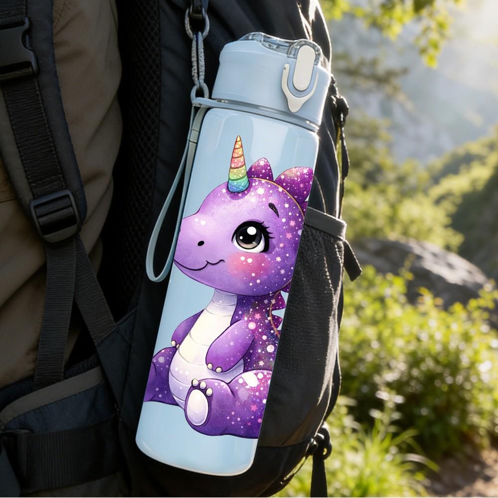 1PC Purple Baby Dragon Fantasy Print 750ml Color Plastic Sports Water Bottle Leakproof Flip Straw Lid Suitable for Sports Office Home Use