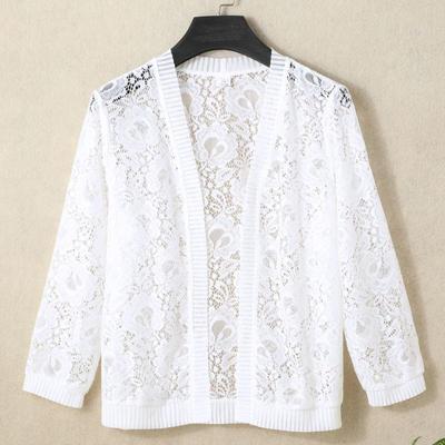 Women's Summer Short Thin Lace Cardigan Long-sleeved Jacket Shawl Plus Size Outer Matching Skirt Top