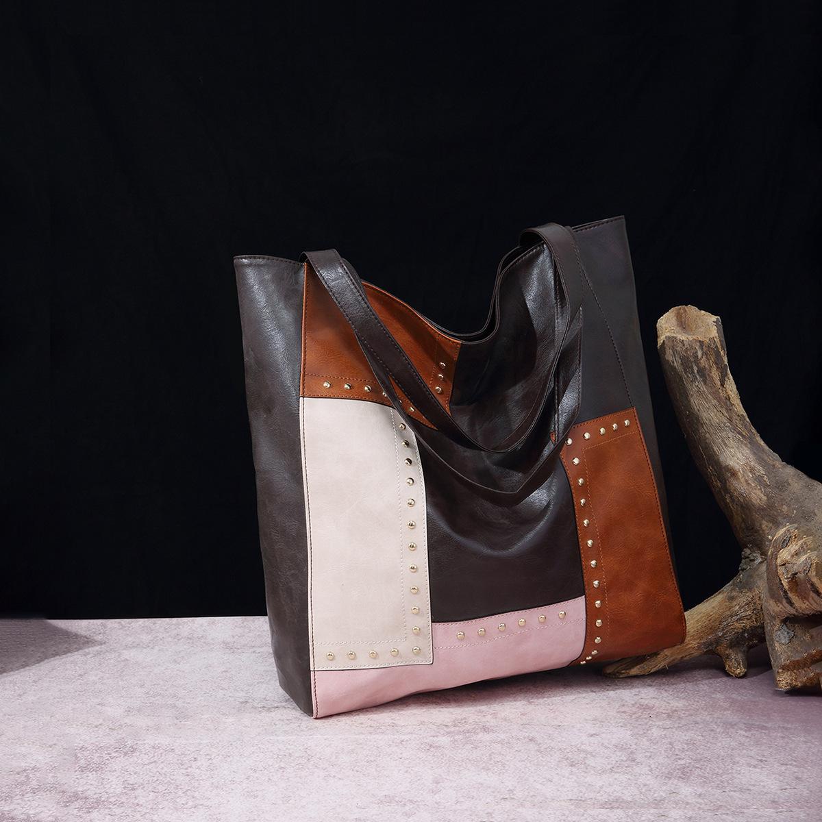 

Rivet Contrasting Color Splicing Large Capacity Shoulder Tote Women s Bag