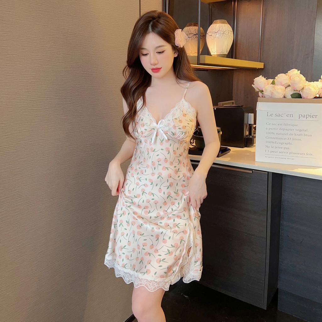 Women's summer print new sexy ice silk nightdress suspender skirt split fork pure desire pajamas with chest pads loungewear