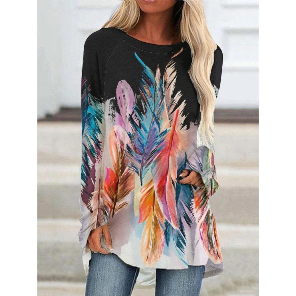 T-shirt z nadrukiem 3D Koszulki Damska Moda T-shirt Długi Rękaw Etniczne Top Topy Nadruk Natywny T-shirt Długie Top Damskie