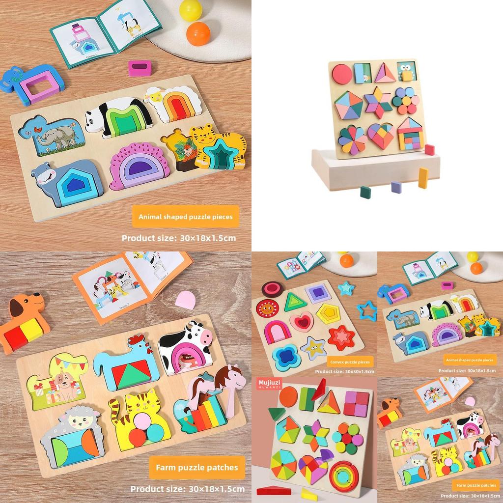 Wooden Shape Puzzle For Toddlers With Geometric And Farm Animal Designs For Early Learning