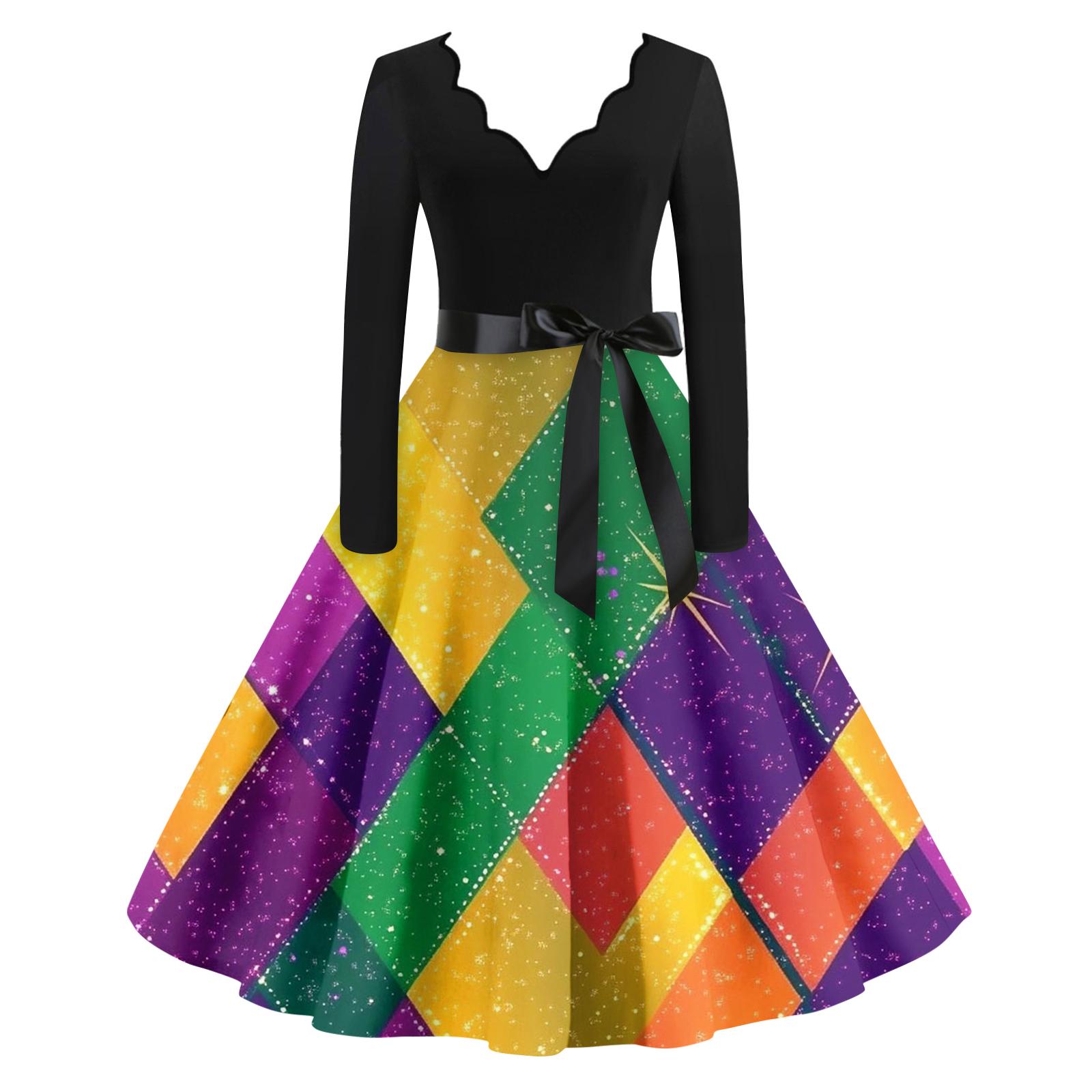 

Женское повседневное модное платье с V-образным вырезом и длинным рукавом с принтом в винтажном стиле XL